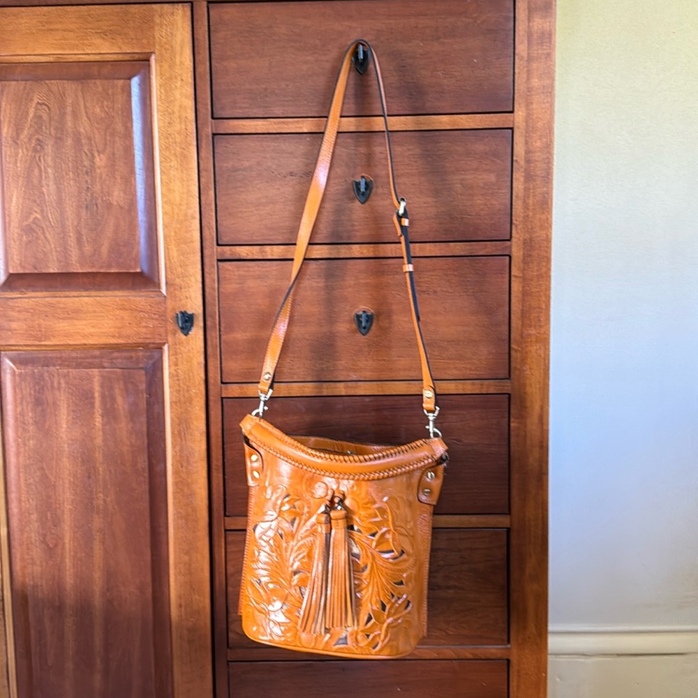 Patricia Nash Octavia Bucket Crossbody - Cutout Tooled in Autumn Gold